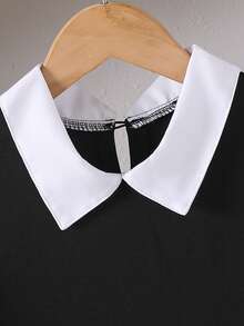 1pc Elegant Teenage Girls' Long Sleeve Polo Collar Color Block Mesh Puff Sleeve A-Line Dress, Black & White Contrast French Style Slim - Black - View 3