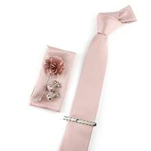 ZONFAZ 5pcs/Set Men's Business Formal Wedding Party Necktie & Pocket Square & Cufflinks & Lapel Flower & Tie Clip Combo Set, Fashion - Dusty Pink - View 4
