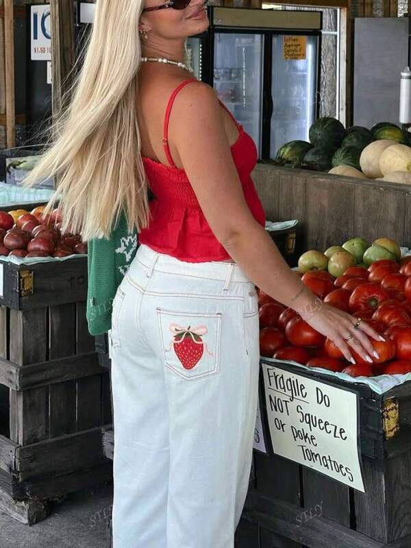 Y2K Style High-Waisted Non-Stretch Strawberry Embroidered Jeans For Women, Elegant Bohemian Cute Denim Pants, Versatile For Daily, Travel, Airport Outfit, All Season