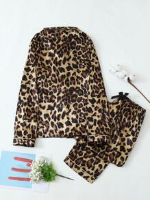 Leopard Print Women Long Sleeve Top & Pants Pajama Set, Fall Winter Clothes - Gold - View 6