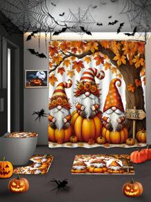 1/4 Pcs Thanksgiving Autumn Shower Curtain Set, Pumpkin & Maple Leaf Cute Harvest Burnt Orange Waterproof Polyester Washable Autumn Bathroom Shower Home Decor Gift With 12 Hooks Non-Slip Bath Mat U-Shaped Toilet Seat Cover