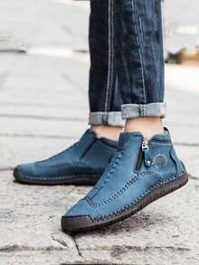 Men's Business Casual Shoes Outdoor Ankle Boots Soft Leather Comfortable Handmade Stitched Boots Flat Shoes, Autumn/Winter - Black - View 9