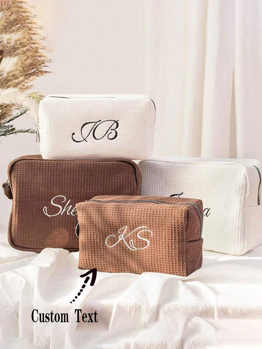 Personalized Waffle Travel Makeup Bag - Graduation Season Return Gift Customized Letter Makeup Bag, Embroidered Toilet Bag, Bridesmaid Gift, Wedding Gift, Ladies Gift, Makeup Bag, All-Purpose, Large Capacity, Versatile, Adorable, Contracted, Funny, Kawaii, Y2K, Minimalist, Commuting, Business Casual, Basics, Custom, Personalized, For Birthdays, For Holiday/ Vacation, For Outdoors/Outings/Travel/Hiking/Stadium/Sports/Climbing, For Business/Commute/Work/Office, Customized Women Bags, Delicate Romance, Travel Gift, Travel Gift For Family, New Year Glamour - Multicolor - View 1