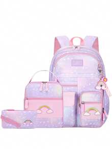 3pcs/Set Rainbow Heart Print Polyester School Backpack With Cute Pendant, Including Lunch Box & Pencil Case, Large Capacity Multi-Compartment Design, Adjustable Shoulder Straps, Waterproof Durable Fabric, Zipper Closure, Suitable For School & Outdoor, Back To School Gift - A - View 13