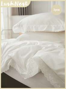 1pc White Lace Duvet Cover Set, Bohemian Farmhouse Style 3 Pieces Set, Ruffle Trim, Soft Microfiber Duvet Cover (1 Duvet Cover + 2 Pillow Shams, Comforter Not Included), Unisex, 1 Duvet Cover, 2 Pillow Shams, No Comforter Included, Suitable For All Seasons, Ideal For Dorm Use - White - View 2