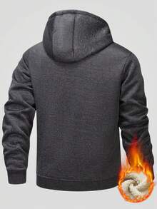 1pc New Sherpa Lined Hooded Cardigan Casual Sports Jacket - Dark Grey - View 2
