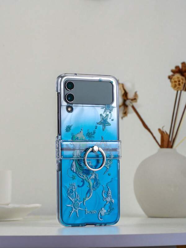 Star 1pc Holographic Water Wave Jellyfish Pattern Electroplated Folding Phone Case With Kickstand, Compatible With Samsung Galaxy Z Flip3 5G, Galaxy Z Flip4 5G, Galaxy Z Flip5 5G, Galaxy Z Flip6 5G, Galaxy Z Flip7 5G