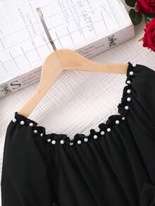 Autumn/Winter New Pearl Splice Contrast Color Wave Hem Long Sleeve Dress With Belt, Fashionable And Elegant, Elegant And Charming For Tween Girls - Red - View 3