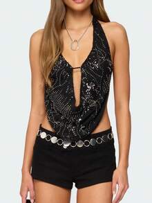 Women's Summer Shiny Chain Rhinestone Vest Backless Hollow Hanging Neck Wrap Chest Top Daily Streetwear