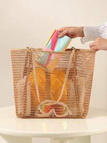 网眼沙滩包，女士单肩手提包，大容量可折叠网眼泳包，带口袋，洗漱用品和游泳装备收纳袋，沙滩度假配件手提包 - 彩色 - 查看 4