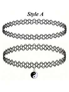 2pcs/Set Necklace Set, 90s Style Accessories For Women & Teenage Girls, Black & White Yin Yang Pendant Charm, Elastic Jewelry Gift - Black - View 6