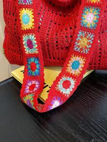 Dedoo 复古镂空花卉撞色休闲斜挎包（花朵颜色/位置随机）（肩带颜色/图案随机） - 紅色 - 查看 8