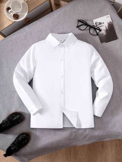 Tween Boy Classic College Style Casual/Formal Long Sleeve Shirt With Pocket Patch, White