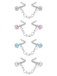 1pc Stainless Steel Nose Ring Chain With Embedded Round White/Blue/Colorful Synthetic Cubic Zirconia Nose Stud With Chain, Nose Piercing Jewelry - Star - View 8