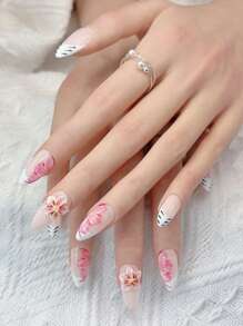 10 件/套手工短款按压指甲，夏季假指甲美甲用品海滩美甲长指甲适合女孩，时尚 3D 树脂杏仁指甲可重复使用适合教师、学生、办公室、旅行、优雅商务休闲