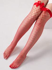 1 par de medias altas de muslo de encaje negro con lazo ancho para mujer, medias de red