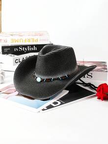 1 件波西米亚串珠草编牛仔帽，西式派对/节日/度假防晒，装饰性爵士帽，男女通用时尚百搭防风设计 - 禮帽 - 查看 4