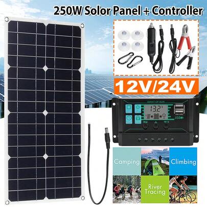 Solar Panel Flexible 12V Battery Charger With 30A Controller Caravan Camping Portable Charger Kit 2 USB Charging 250 Watt