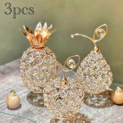 Juego de 3 centros de mesa de piña de metal con cristales, portavelas de cristal hechos a mano con decoraciones de frutas huecas para el hogar, fiestas, bodas, reuniones o decoración de bares (las características del producto incluyen pequeños arañazos normales que no afectan el uso normal)