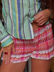 Women's Summer Bloomers Shorts Plaid Print Low Waist Tiered Frill Bodycon Short Pants - Red - View 1