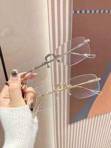 1pc Men's Classic Retro Patterned Rimless Metal Oval Frame Plain Glasses (Comes With Glasses Strap, Glasses Suitable For Reading, Decoration, Street Photography)