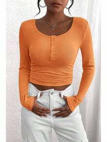 Women's 2026 Fall Long Sleeve Henley T Shirts Button Ribbed Knit Slim Fit Basic Tops Blouse Casual Outfits/Vacation Outfits Women/Valentine Outfits For Women - trái cam - Xem 4