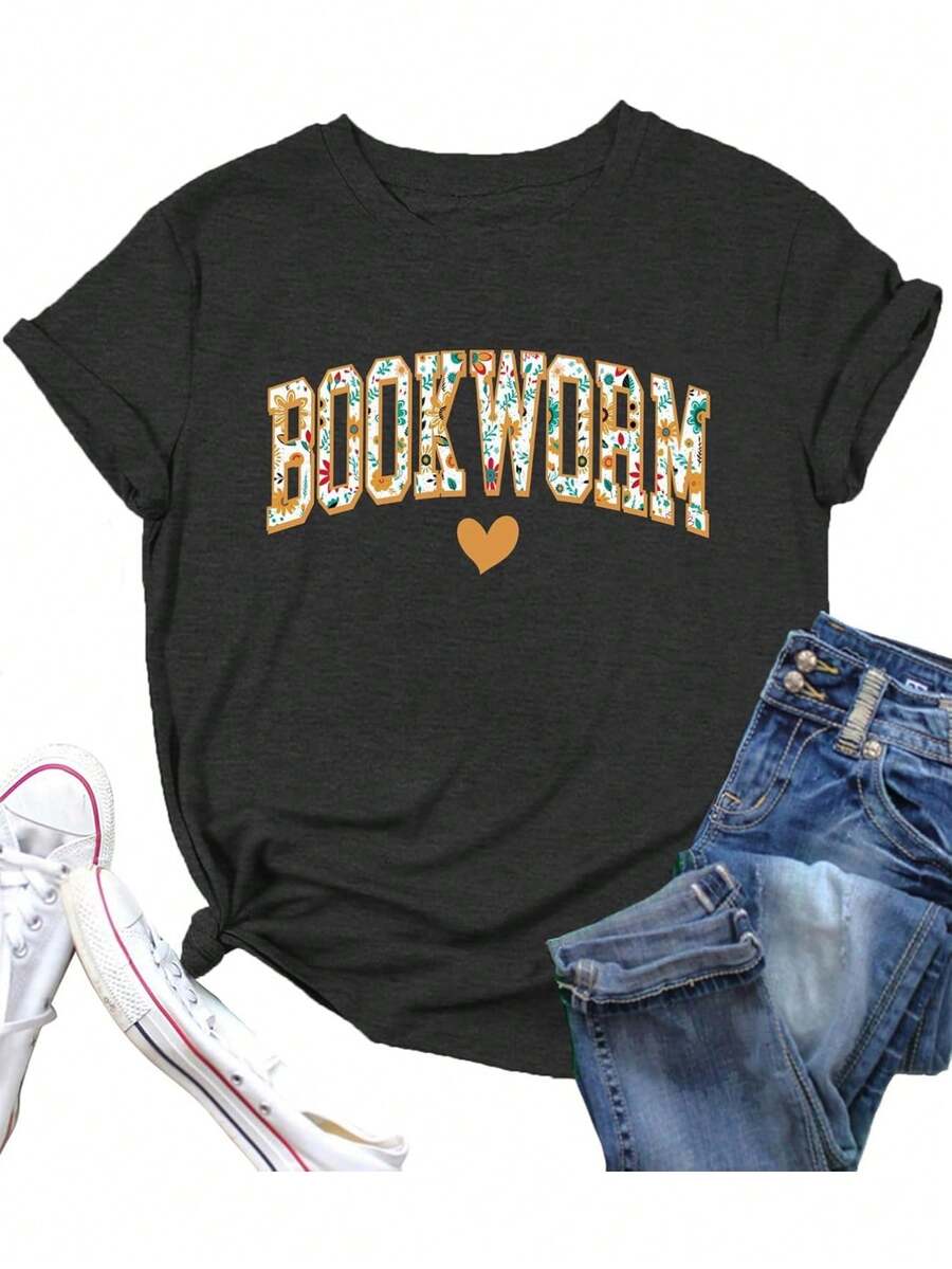 Plus-Size Summer Women'S Clothing Reading Shirts For Wo Book Worm Shirt Reading Teacher Shirt Funny Book Graphic Tee Tops Book Lover Gift-100% Cotton T-Shirt - 黑色 - 查看 1