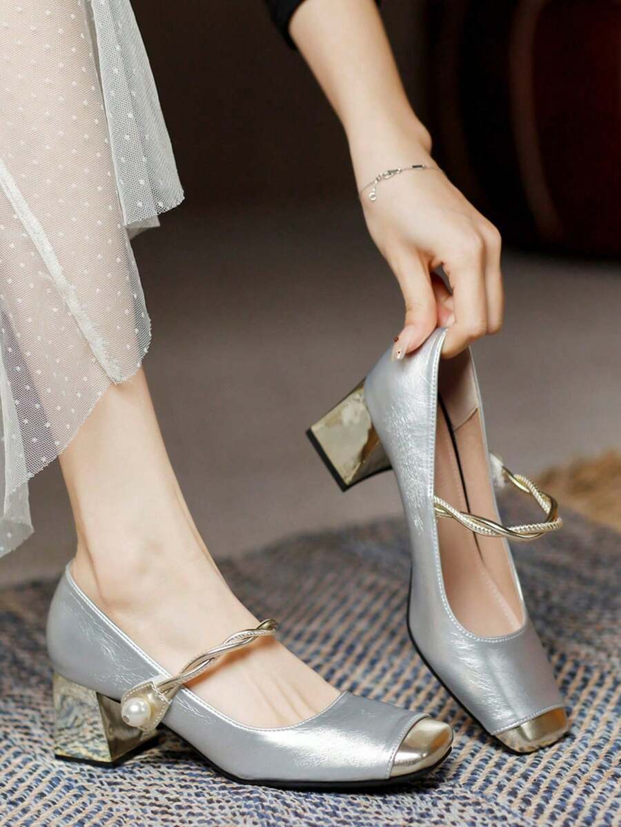 Square Toe Embroidered High Heel Pumps For Women, Chunky Heel, Versatile Slip-On Shoes - Light Grey - View 1