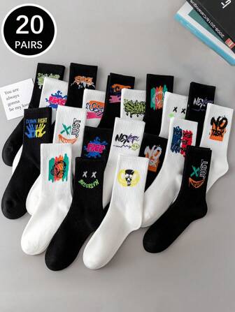 5 Pairs/10 Pairs/20 Pairs Multi-Color Men's Oil Painting & Skull Pattern Personalized Mid-Calf Socks, Suitable For Daily Use