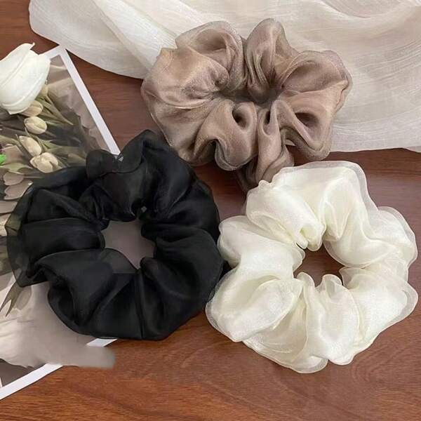 3pcs Double-Layer Organza Solid Color Hair Scrunchies, Hair Ties, Scrunchy Hair Ties, Washing Face, Hair Accessories