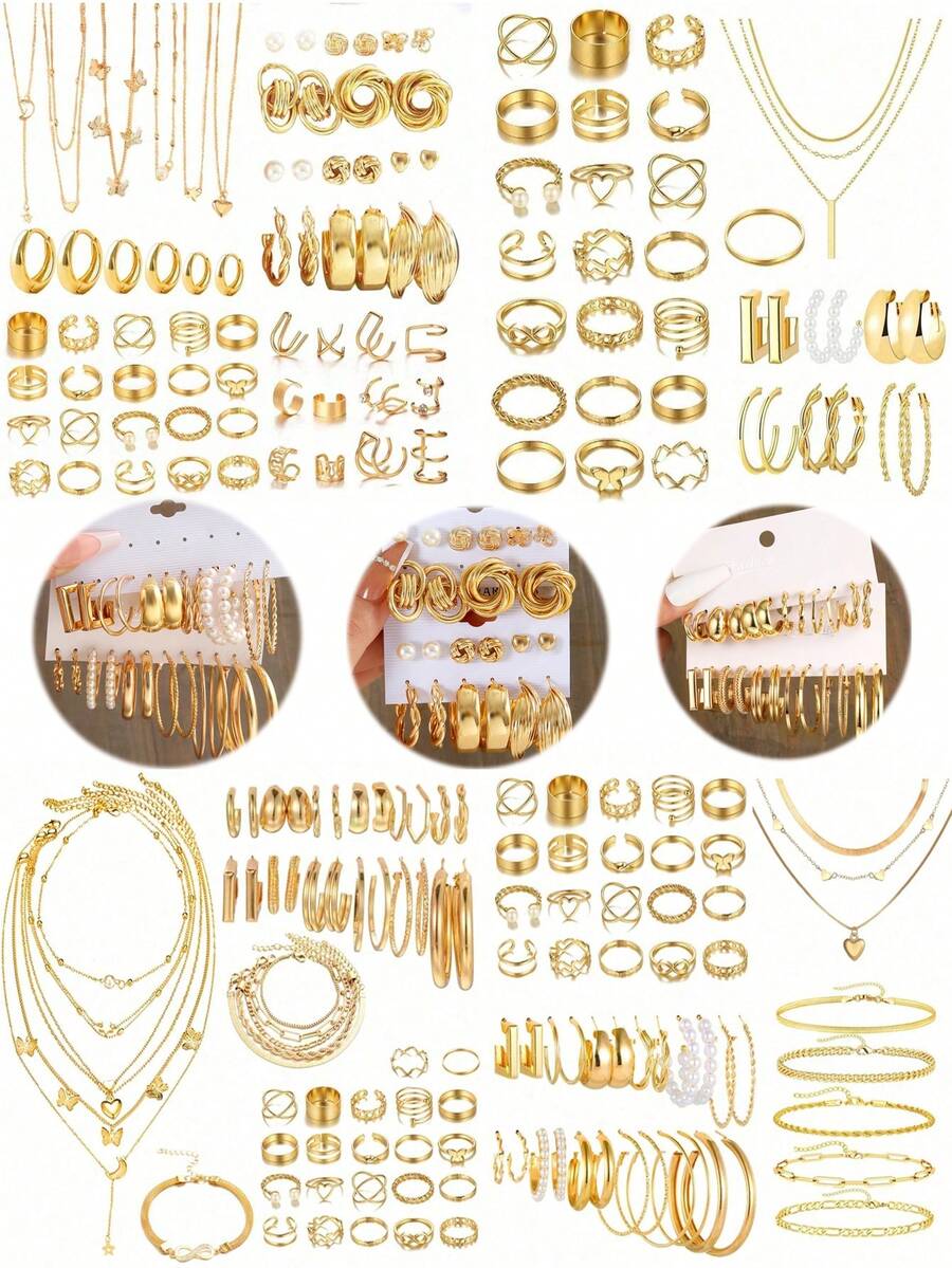 10-68 piezas Elegante Set de joyas vintage con mariposa, corazón, perla falsa, nudo retorcido, estrella, luna, rhinestone, banda ancha, cadena de serpiente, trenza, pendientes en forma de C geométrica, collares, anillos, pulseras, adecuado para vacaciones, fiestas, uso diario, regalos festivos - Multicolor - Ver 1