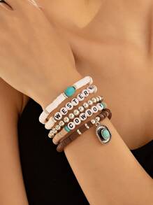 5 件套波西米亚西部牛仔帽吊坠手链，复古弹力手链，个性多层串珠手链（手工制作，珠子随机） - 款式3 - 查看 5