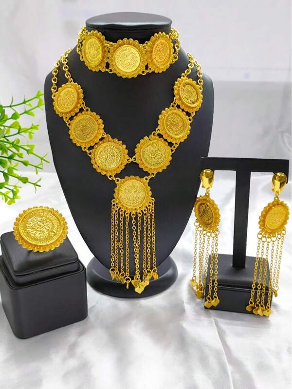 4pcs Fashion Women Portrait Coin Pendant Necklace Earrings Bracelet Ring Set, Gold Plated Tassel Jewelry Suit, Middle East Dubai Europe Africa Wedding Party Bridal Accessories, Graduation Birthday Holiday Gift
