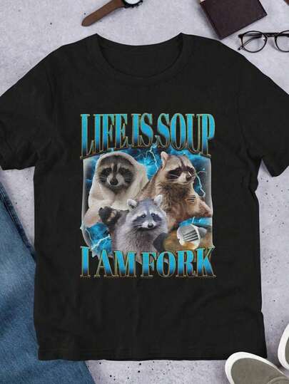 [Camiseta de hombre con estampado de mapache] MKONGCOSTUME Camiseta casual de hombre con estampado de mapache, cuello redondo y manga corta