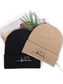 2pcs ECG Embroidered Knit Beanies, Suitable For Everyday Wear - Pink Black - View 14