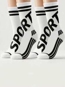 1 Pair Unisex Letter & Stripe Pattern Mid-Calf Sports Socks, Fashionable & Versatile For Fitness, All Season