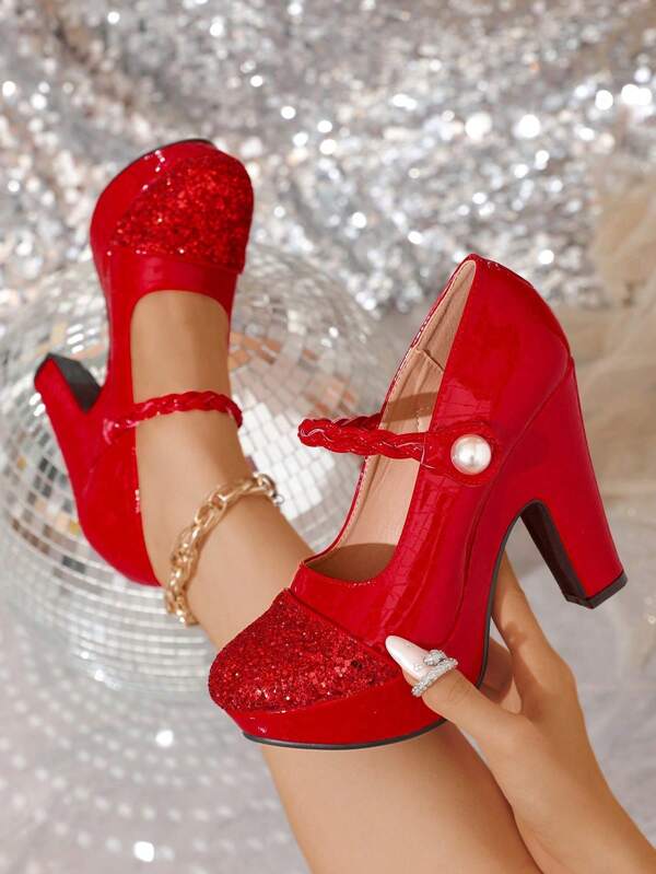 Talons hauts Cheongsam ornés de perles et de strass, chaussures de mariée à plateforme épaisse et talon compensé imperméable