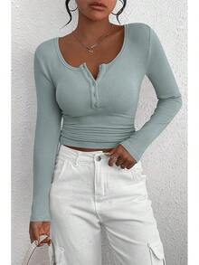 Women's 2026 Fall Long Sleeve Henley T Shirts Button Ribbed Knit Slim Fit Basic Tops Blouse Casual Outfits/Vacation Outfits Women/Valentine Outfits For Women - 湖藍色 - 查看 7