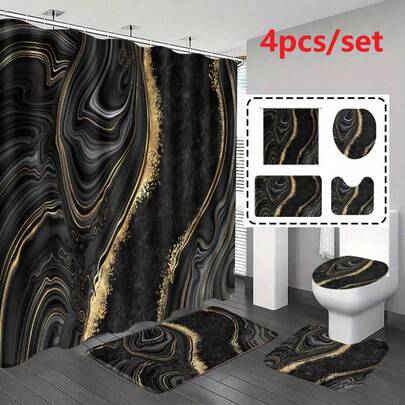 4pcs/Set Beautiful Dark Gray Textured Shower Curtain Sets, Patterned Shower Curtains With Multicolor Background, Modern Personalized Bathroom Decor, Waterproof Shower Curtain Set (With 12 Hooks), Non-Slip Bath Mat, U-Shaped Toilet Seat, Bathroom Accessories
