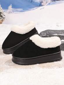女士冬季拖鞋、厚底雪地靴、加厚平底靴、保暖鞋、户外防滑靴、Uggs 仿品、女士冬靴、女士冬季毛茸茸雪地靴毛茸茸圆头绒面短靴平跟一脚蹬户外室内鞋时尚保暖毛茸茸鞋， - 黑色 - 查看 3