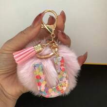 1pc Initial Letter Keychain, Cute Fluffy Ball Keyring, Bag/Backpack Charm, Car Pendant, Women Daily Gift