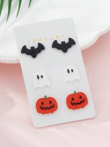 Bộ 3 đôi/bộ hoa tai thời trang thiết kế hình dơi, ma, bí ngô kinh dị Halloween dành cho nữ, thích hợp để trang trí và đeo trong ngày lễ - Nhiều màu - Xem 2