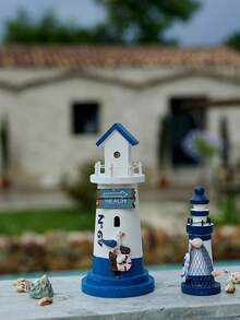 Cirelle 1PC13cm Marine Wooden Mini Lighthouse Mediterranean Wind Home Accessories Craft Gifts Marine Lighthouse Ornaments 5-Piece Lighthouse Birthday Graduation, Rama Table Decor, Garden Use, Housewarming Gift, High-End Cafe Supplies, B&B Decor, Summer Beach Vacation - Ocean Blue White - View 11