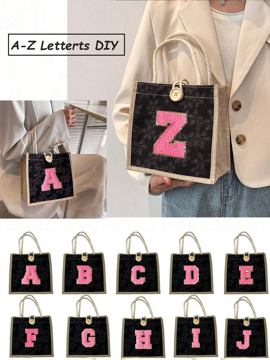 1 件毛巾刺绣首字母图案手提包，花卉印花亚麻手提包，小号花卉亚麻纽扣装饰手提包，简约大容量手提包，便携休闲收纳手提包，多功能购物袋，新设计，大容量，购物的理想选择，单肩包，手提包，午餐包，午餐盒，斜挎包