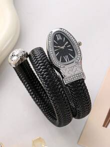 Snake-Shaped Rhinestone Diamond Style Business Casual Quartz Watch, Elegant Women's Watch