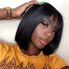 Elegant Short Bob Human Hair Wig With Bangs For Women, 200% Density, Glueless Straight Full Machine Made, Natural Black - Rose Net Cap, Comfortable & Stylish For Casual Attir - S1 - Xem 4