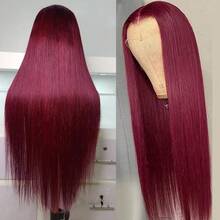 Burgundy Wig Human Hair 28inch 13x4 HD Transparent Lace Straight 99J Red Human Hair Wig Colored Reddish Brown Lace Frontal Wigs 200% Density Pre Plucked With Baby Hair - S99J - 查看 5