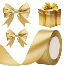 1 Roll Vibrant Multicolor Satin Ribbon, 1.57 Inches X 25 Yards, Suitable For Gift Wrapping, Headbands, Bouquets, Wreaths, DIY Projects And Wedding Decorations, Christmas Gift Tying Ribbon - Gold - View 2