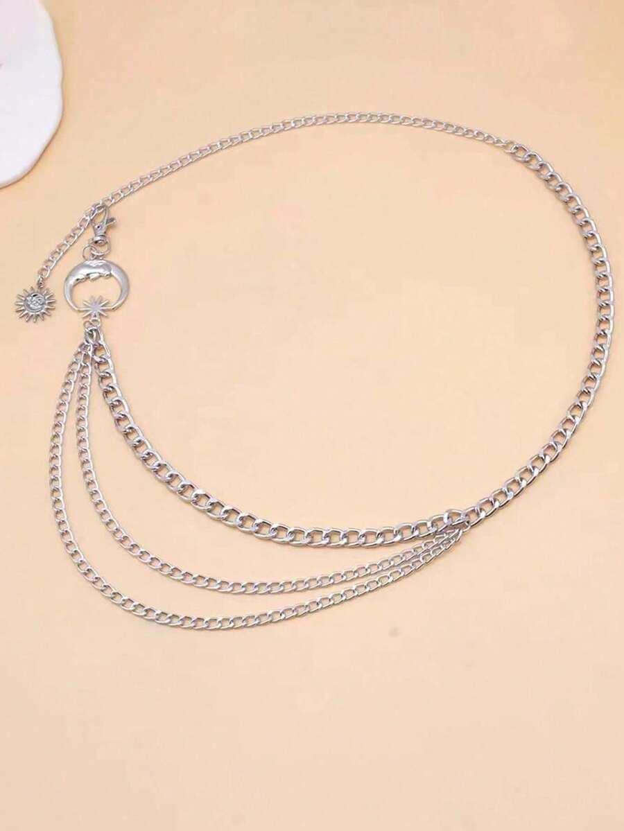 1pc Multi-Layer Metal Waist Chain Belt, Punk Sun & Moon Body Chain - Silver - View 1