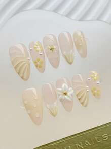 10片/套 手工亚克力按压式美甲贴片，中长杏仁形、法式、蓝色、3D花卉、3D条纹、3D雕刻、渐变美甲。美甲用品，假指甲，可卸式假指甲，美甲配件，适合派对、舞蹈、日常佩戴、学生派对、角色扮演，可重复使用，包含果冻胶和指甲锉，DIY美甲用品。 - 黃色 - 查看 1